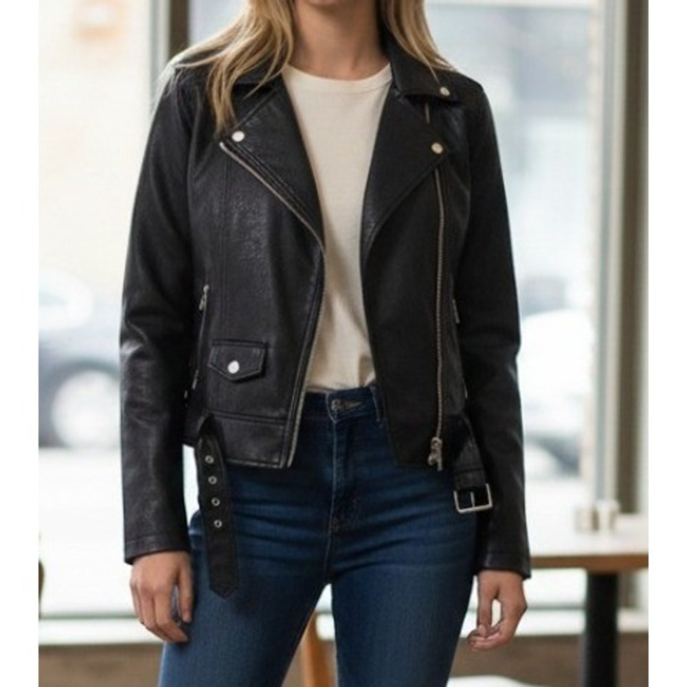 Old Navy Womens Black Faux Leather Moto Biker Jacket Size S Belted Asymmetrical